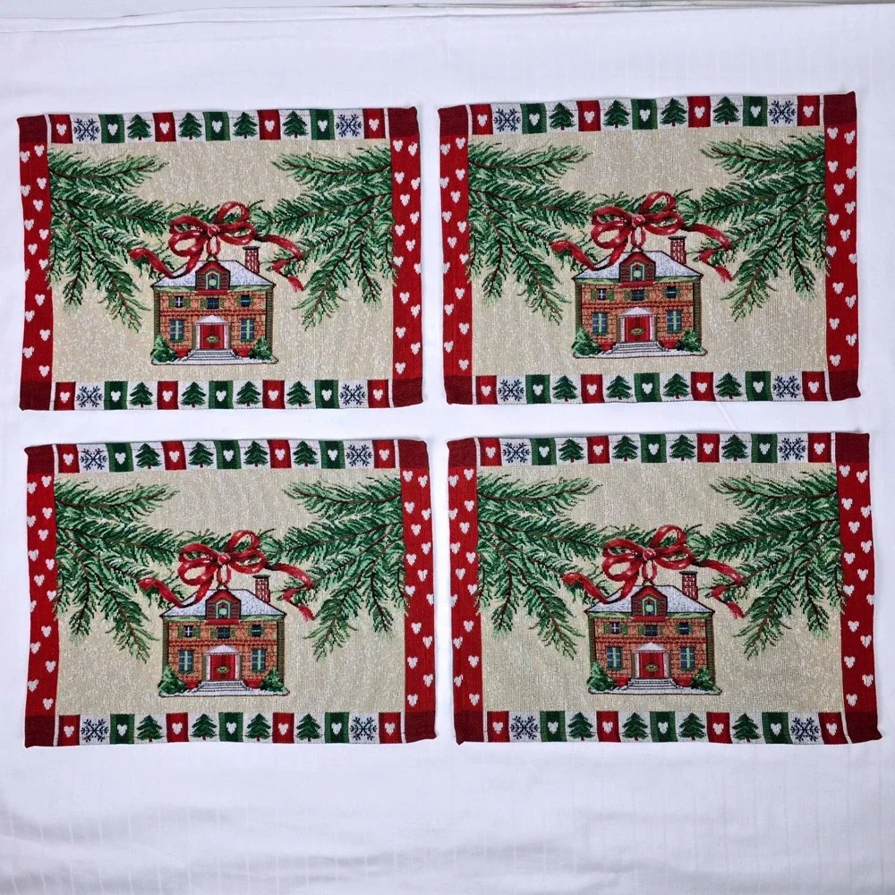 Vintage Christmas Tapestry Placemats Set Holiday Cottage Winter Decor 17.5x13